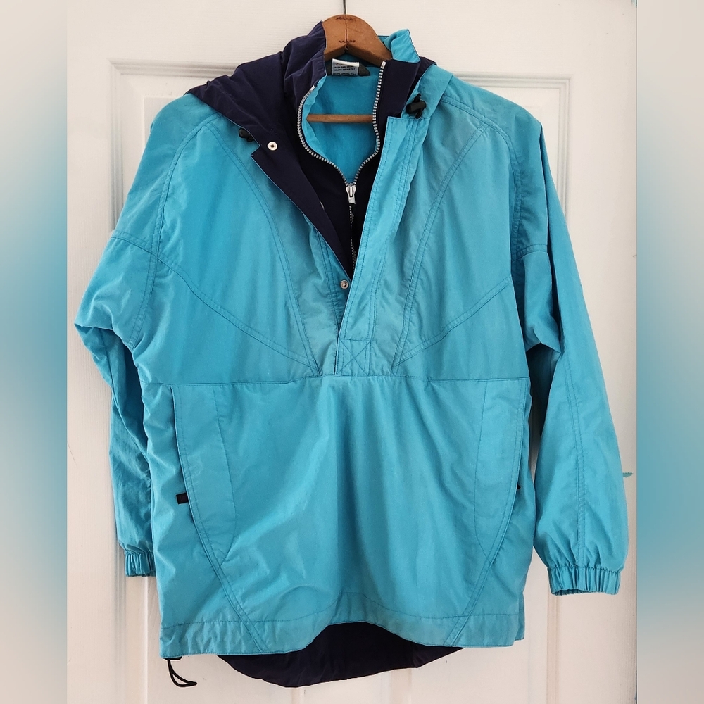 Turquoise Blue and Navy Hooded Windbreaker Rain Jacket